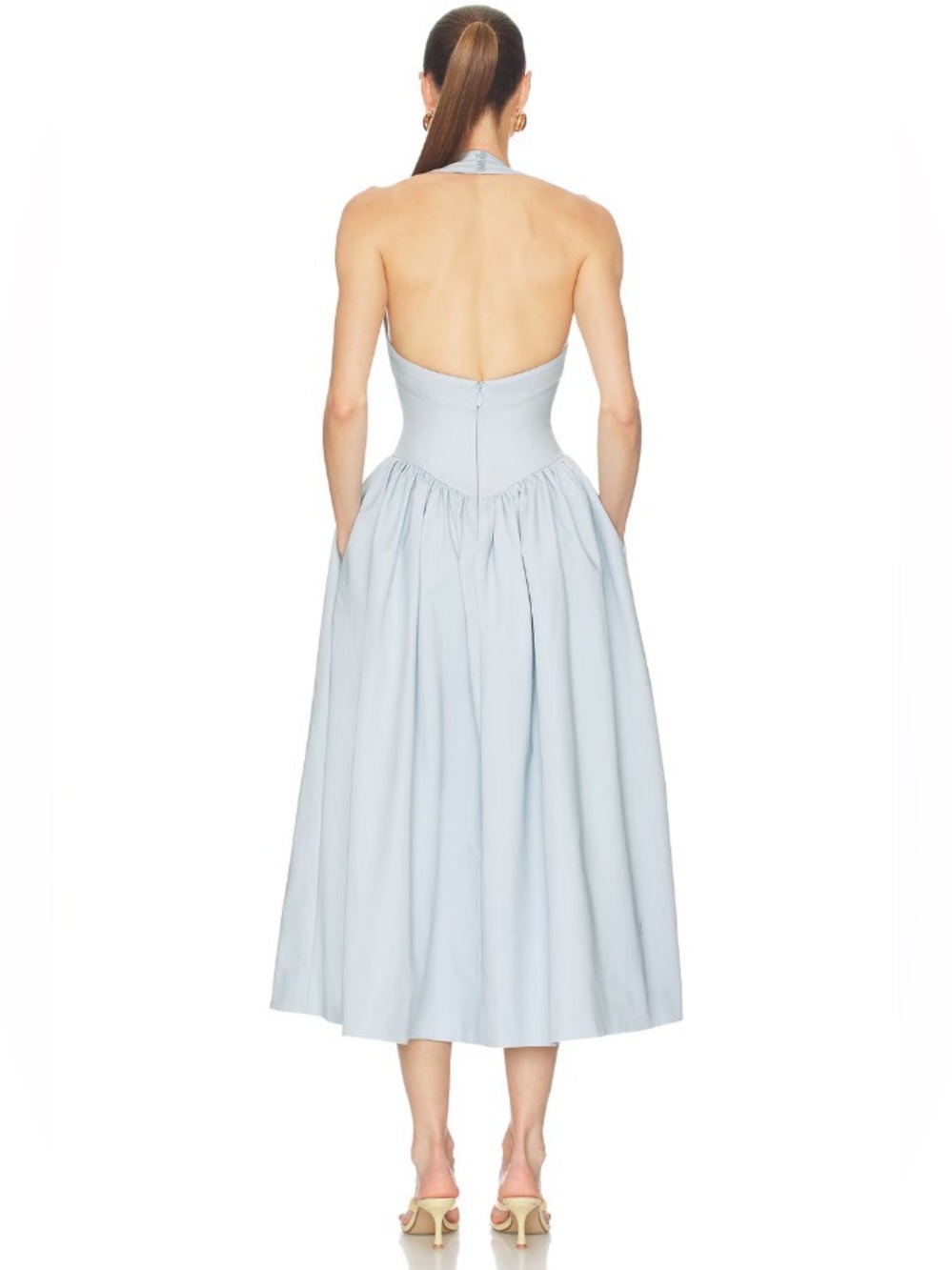 Helsa Powder Blue Halter Open Back Basque Waist Corset Midi Dress NWOT - Picture 4 of 4